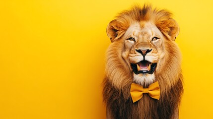 Obraz premium A lion with a yellow bow tie on a yellow background.