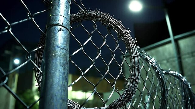 Close-up of barbed wire wrapped around a chain link fence at night, illuminated by a streetlight.