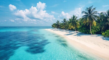 Tranquil Tropical Beach with Palm Trees and Crystal Clear Waters Under Blue Skies : Generative AI
