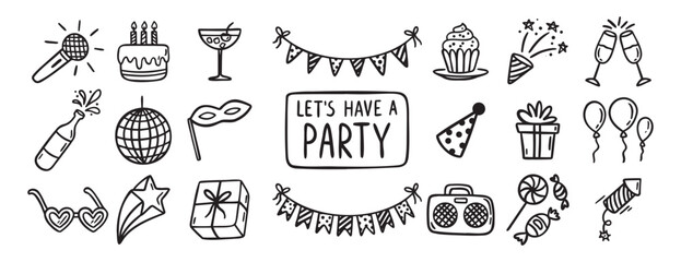 Party event or Birthday doodle icon element doodle hand drawn icon set. Outline drawing party, carnival celebration concept line clipart symbol collection. sketch birthday cake, balloon, decoration