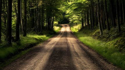 Fototapeta premium Serene Dirt Road Winding Through Lush Green Forest with Sunlight Filtering Through Trees : Generative AI