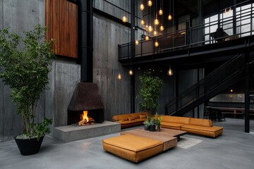 Inviting industrial lobby featuring a warm fireplace for a cozy atmosphere and modern design.