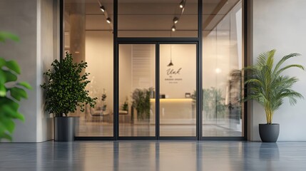 Fototapeta premium Modern Building Entrance With Plants And Glass Doors