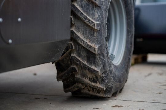 Big telescoping construction lift rubber tire close up