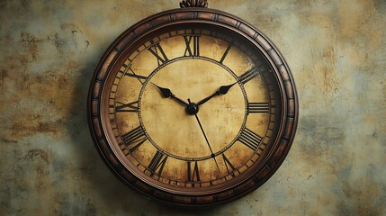 Fototapeta premium Vintage Round Wall Clock with Roman Numerals and Antique Textured Background : Generative AI