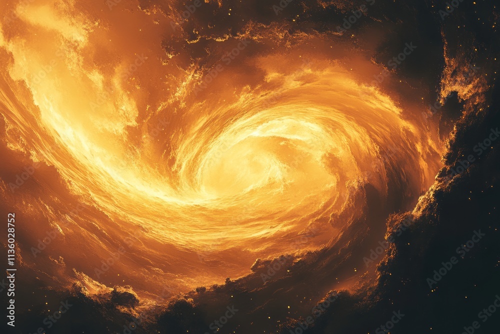 Poster Swirling molten gold vortex creating an awe-inspiring display of light and movement in a cosmic setting