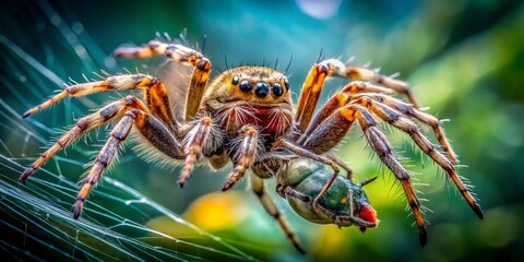 Fototapeta premium Aerial Insect Photography: Flying Spiders & Their Prey - Stunning Nature Documentary Images