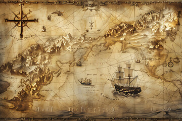 Vintage Maritime Map with Sailing Ships and Compass