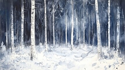 Abstract Winter Birch Forest Watercolor Painting