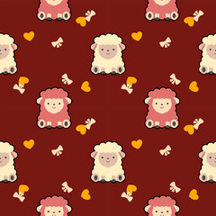 Sheep white and pink cartoon so cute. On knot heart red background. Pattern seamless vector illustration. 