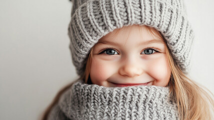 Portrait of a smiling little girl with blue eyes and braids wearing a warm hat and sweater