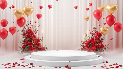 Romantic backdrop with round marble podium, on soft pink background. for Valentine's Day product presentation, Wedding