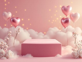 Luxurious romantic backdrop with round marble podium, rose petals and decorative candles on soft pink background. for Valentine's Day product presentation