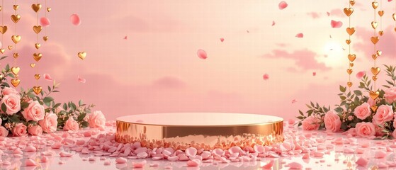 Luxurious romantic backdrop with round marble podium, rose petals and decorative candles on soft pink background. for Valentine's Day product presentation
