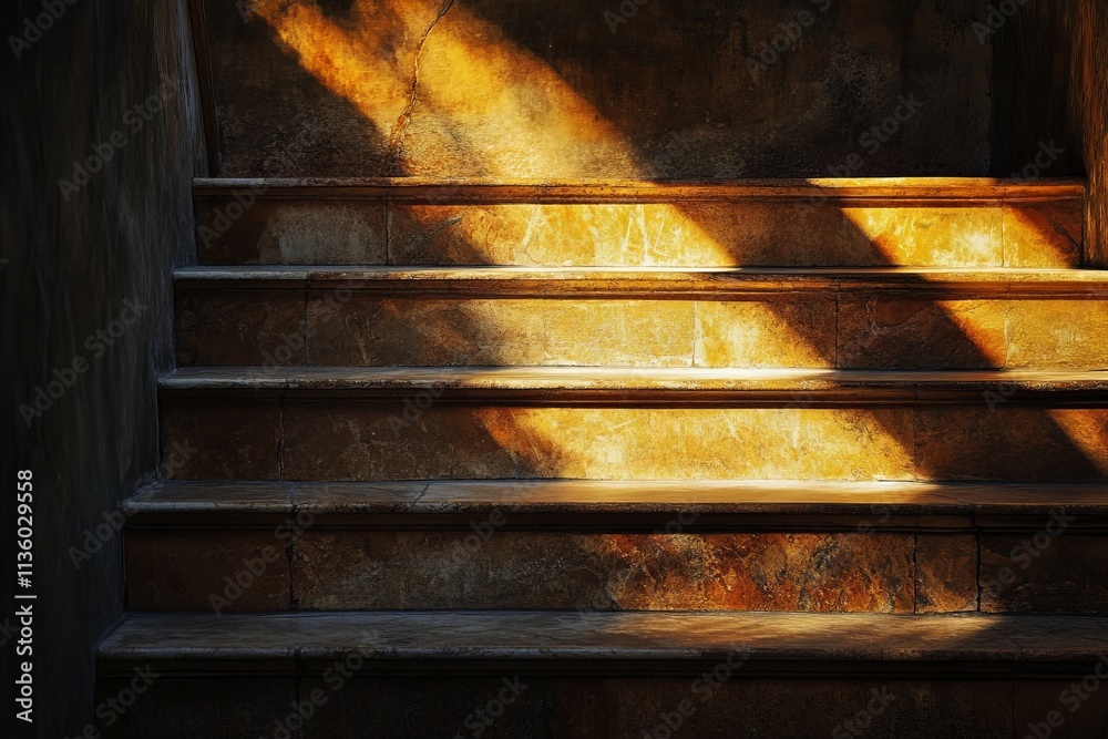 Poster Warm golden light illuminating steps as shadows create depth in a quiet space during late afternoon