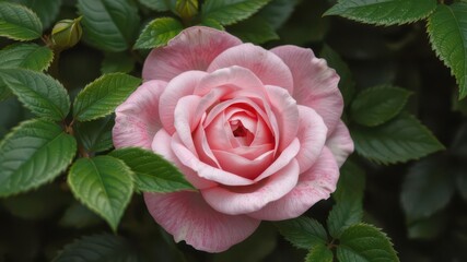 Fototapeta premium A lush rose bloom framed by vibrant green leaves, elegance, white rose