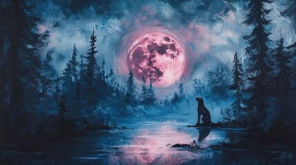 Lone Wolf Watching Pink Moonrise Over Still Water