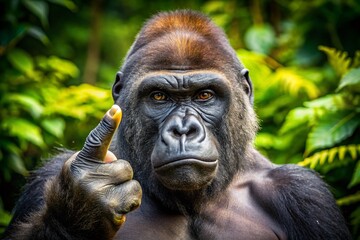 Obraz premium Aerial Photography Gorilla Middle Finger: Hilarious Primate Gesture, Funny Ape Photo, Wildlife Photography, Silverback Joke