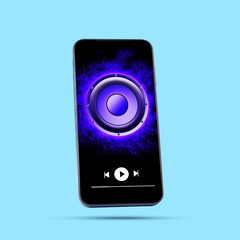 Audio player concept. Speaker on a smartphone screen, on a blue background. Isolated. Music.