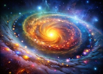 Aerial Photography of a Colorful Swirling Galaxy with Bright Stars and Vibrant Light Patterns Captured from Above, Showcasing the Beauty of the Universe in Stunning Detail