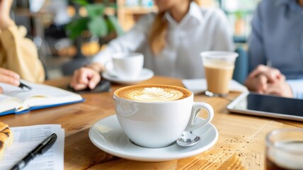 Fototapeta premium A serene coffee shop scene featuring a beautifully crafted cappuccino, with blurred figures engaged in conversation around a wooden table.