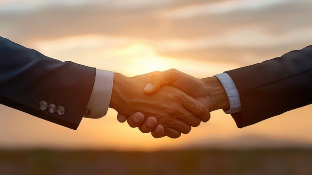 Two business individuals shaking hands at sunset, symbolizing partnership, agreement, and collaboration in a professional setting.