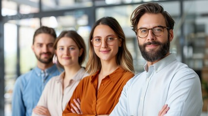 Obraz premium A diverse group of smiling professionals stands confidently in an office setting, showcasing teamwork and collaboration.