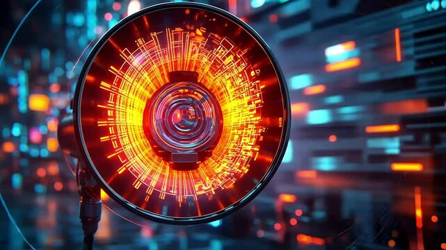 Futuristic megaphone with glowing circuits and digital data streams against a vibrant bokeh background.
