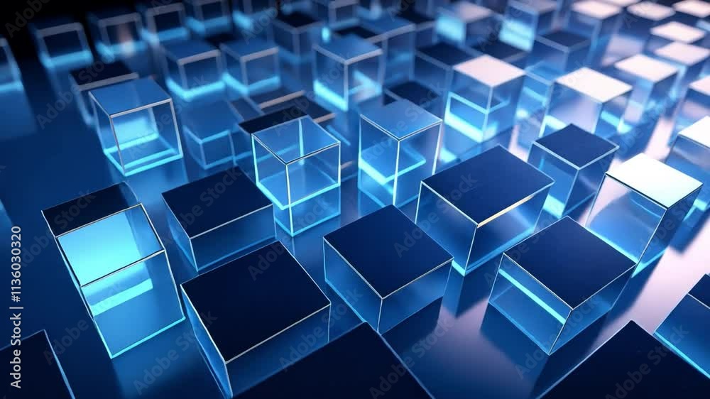 Poster Abstract Blue Cubes: A mesmerizing array of translucent blue cubes creates a dynamic, abstract composition, perfect for tech, design, or corporate projects.