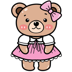 Drawing of a cute little girl bear Wearing a pink skirt on his birthday, his birthday