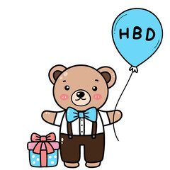 A drawing of a little bear standing and holding a blue balloon. hand painted