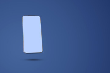 Smartphone with glowing blank screen on dark blue background. Advertisement mockup. Copy space. Advertisement background.