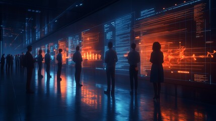 Data-Driven Decisions: A group of professionals analyze data displayed on large screens in a futuristic, tech-driven environment. The scene evokes a sense of innovation, collaboration.