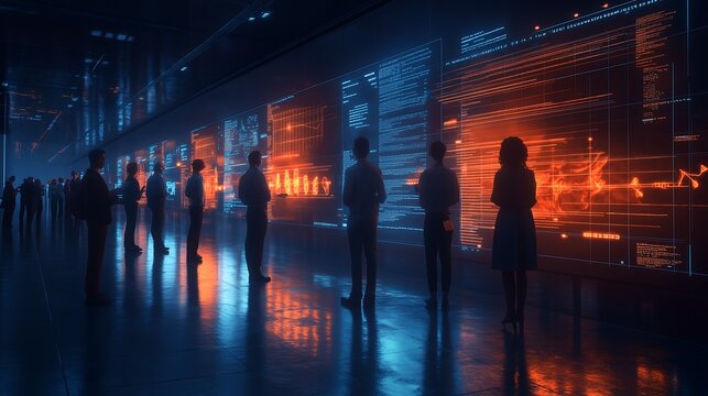 Data-Driven Decisions: A group of professionals analyze data displayed on large screens in a futuristic, tech-driven environment. The scene evokes a sense of innovation, collaboration.