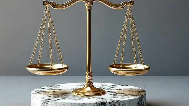 Golden scales of justice on a marble base against a gray background.