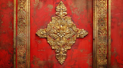 Intricate Gold Floral Design on Rustic Red Background Featuring Ornate Details and Classic Craftsmanship for Elegant Interior Decoration