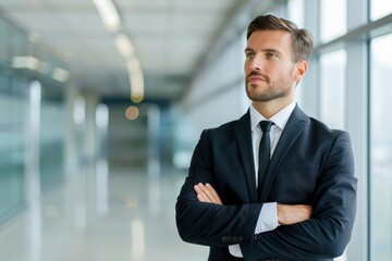 Fototapeta premium A professional man in a suit stands confidently in a modern office hallway, exuding an air of determination and focus.