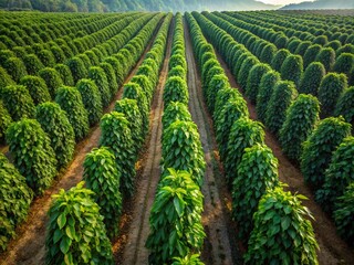 Fototapeta premium Aerial View Black Pepper Plantation, Drone Photography, Spice Farm, Agriculture, Bird's Eye View, Black Peppercorns, Harvesting, Agricultural Field, Lush Green, Aerial Shot