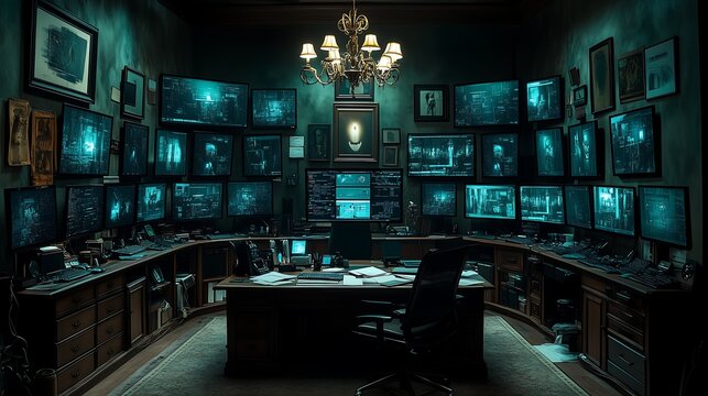 The Surveillance Room: A chillingly atmospheric image of a dimly lit, opulent office filled with numerous screens displaying cryptic surveillance footage.
