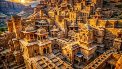 Aerial View Carved Stone Architecture, Drone Photography, Sculptural Buildings, Rock Carvings, Ancient City,  High-Angle Shot, Architectural Wonders