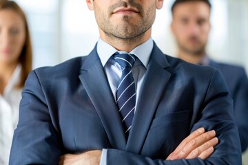 A confident businessman stands with arms crossed, exuding authority in a corporate setting, accompanied by two colleagues in the background.