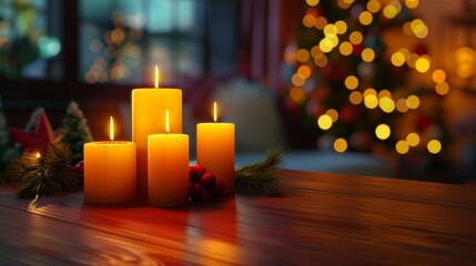 Cozy christmas evening with four glowing candles illuminating a warm holiday room