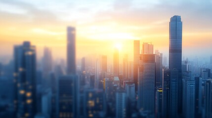 Fototapeta premium A city skyline at sunset, showcasing tall buildings silhouetted against a colorful sky, creating a serene urban landscape.