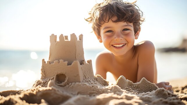 A young boy in a blue shirt smiles at the camera as he builds a sandcastle on the beach.