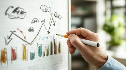 Analyze trends: hand drawn business graphs on whiteboard indicating financial growth