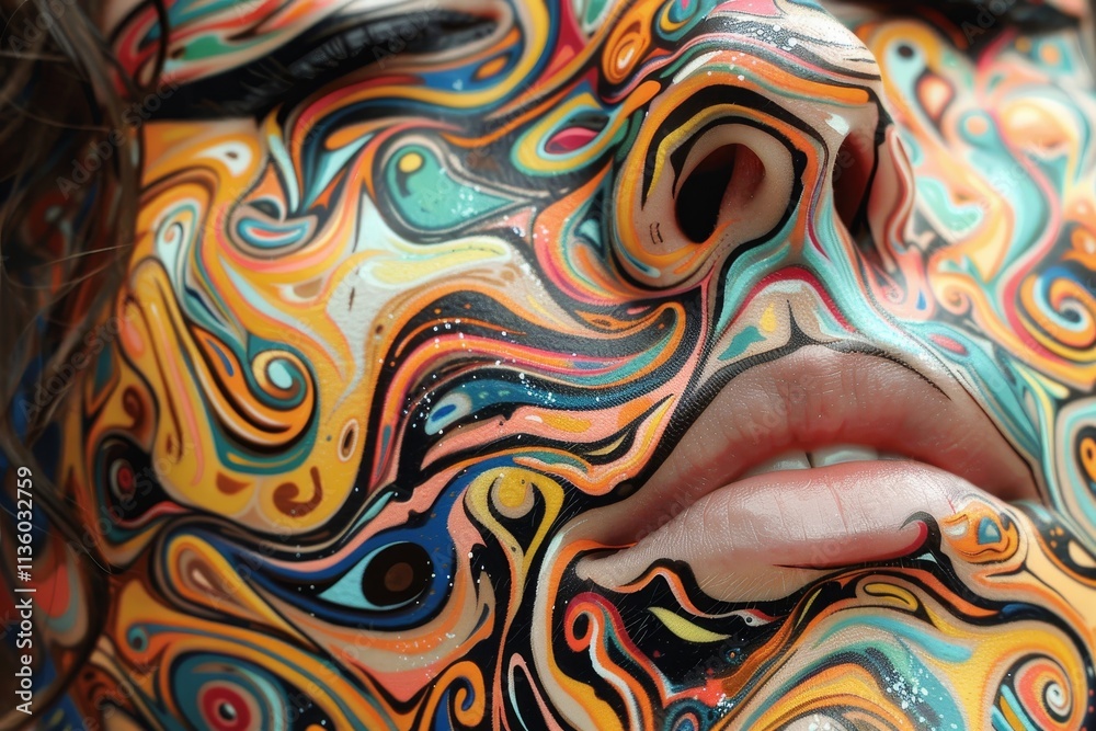 Poster a close-up image of a persons face covered in colorful abstract swirls and patterns, a face covered 