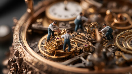 Miniature workers repairing intricate watch mechanism gears and cogs