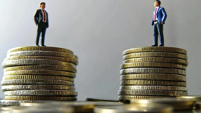 Miniature businessmen standing atop stacks of coins, symbolizing wealth, finance, and business success.