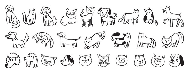 cute dogs and cats doodle hand drawn icon set. Sitting, standing. Outline drawing cats and dogs faces line clipart symbol collection © Yanka
