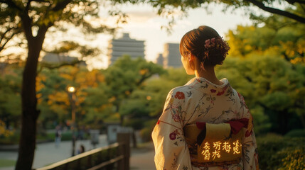 Fototapeta premium Serene kimono-clad woman in tranquil park setting at sunset